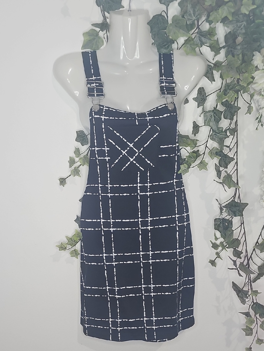 Navy Check Pinafore Mini Dress with Adjustable Straps
